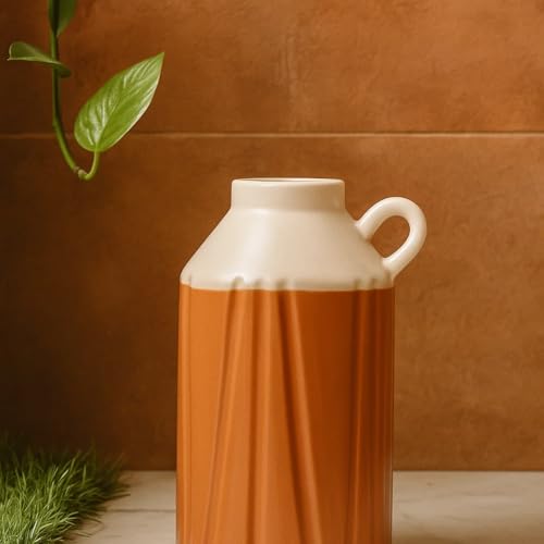 Image of SPHINX Handmade Ceramic Flower Vase - Vintage Dual-Tone Farmhouse Vase - Rustic Ribbed Texture Boho Decor Pampas Grass Vase, Artisanal Home Decor (Vase Only) (Jug Shaped- 8 Inch)