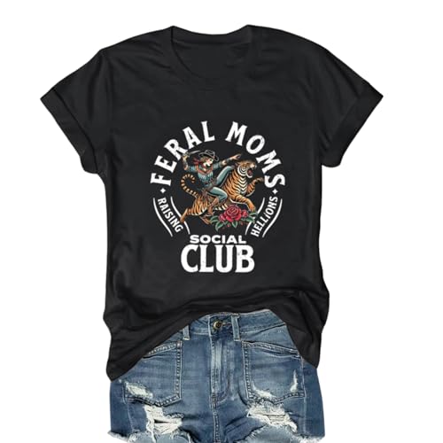 Image of Mama Shirts for Women Cool Feral Moms Social Club T-Shirt Vintage Western Graphic Shirt Funny Mothers Day Tee Tops