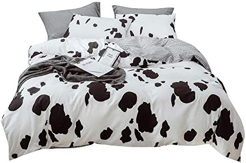 BuLuTu 4 Pieces Black White Duvet Cover Set Full/Queen Cotton,Milk Cow Print Duvet Cover,Grid Fitted Sheet and 2 Pillowcases,Plaid Grid Kids Teen Boys Girls Bed Bedding Sets,No Comforter
