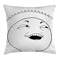 ABAKUHAUS Humor Throw Pillow Cushion Cover, Lol Guy Happy Boy Meme Face Internet Emojis Community Illustration, Decorative Square Accent Pillow Case, 16 X 16 Inches, Black and White