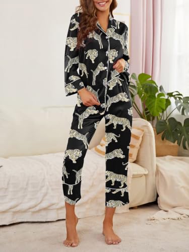 Image of Brosloth Women's Silk Satin Pajamas Long Sleeve Button Up Loungewear Set | Button Down Animal Print Pajamas, Ladies Fancy Pajama sets, Two Piece Lounge Set, Notch Collar Lightweight Sleepwear, Gift