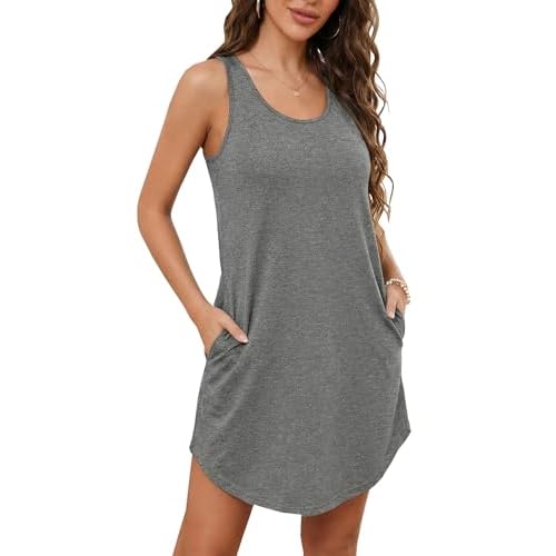 Marvmys Women's Cotton Sleeveless Nightgown Racerback Tank Sleep Dress Sleepwear with Pockets Dark Grey Medium