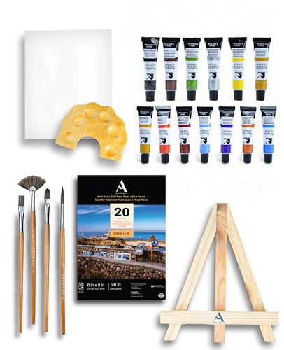 Image of ArtRight 39 Pcs Painting Kit for Beginners & Kids with 4 Paint Brushes - Mini Wooden Easel with Canvas - 20 A5 Watercolor Papers - Mini Painting Palette - Artists Color Set of 12