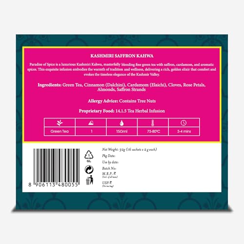Image of TGL Co. The Good Life Company Kashmiri Saffron Kahwa Retail Teabag Box (15 + 1 Teabags) Pouch, 32 g