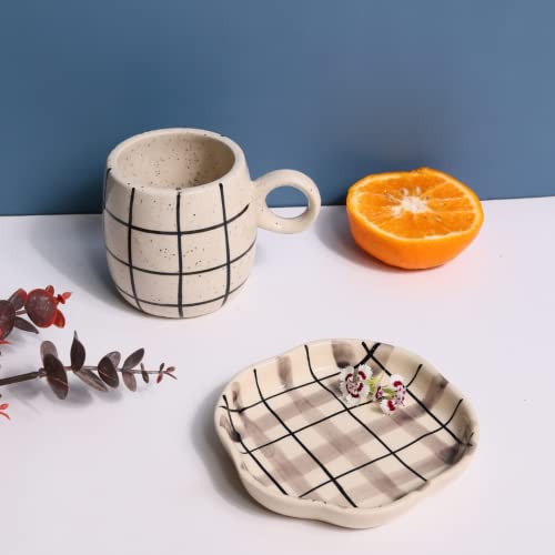 Image of WEAVING HOMES Handcrafted Ceramic Chequred Cuddle Mug & Checks Dessert (Set of 2) Coffee Mugs, Ceramic Mugs, Tea Mugs, Plates, Ceramic Plates, Dessert Plates, Mug & Plate Set
