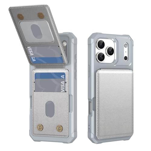 Étui iPhone 17 Pro gris argent - Coque portefeuille antichoc en cuir avec porte-carte