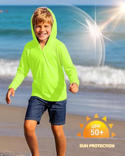 Image of Boys Rash Guard Long Sleeve Hoodie Swim Shirt with Pocket Youth Kids UPF 50+ Sun Protection Fishing Shirts Thumb Hole