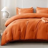 Litanika Queen Size Comforter Set Burnt Orange,3 Pieces Burnt Orange Boho Pom Pom Lightweight Bed Comforter, All Season Solid Color Bedding Comforter Sets (1 Comforter 90x90 Inch, 2 Pillowcases)