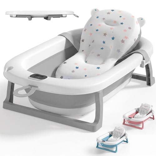 JUPPLIES Baignoire Pliable Bébé avec Coussin Ergonomique et Thermomètre Digital | Baignoire Bébé Antidérapante sur Pied | Bain Bébé Compact Facile à Ranger | 75x45x20cm
