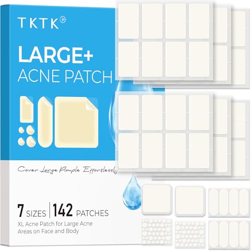 Large Pimple Patches for Face 7 Sizes Big Acne Patches XL Hydrocolloid Bandages for Body Chin Forehead Nose Blemish Zit Breakouts Hydrocolloid Patch (Square Strip Dot 142 Count)