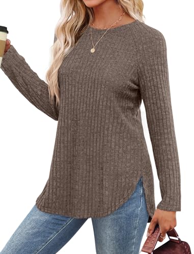 Image of Saloogoe Long Sleeve Shirts for Women 2025 Fall Clothes Tunic Tops Loose Fit Dressy Crewneck Pullover Sweaters Curved Hem