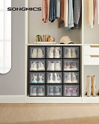 Image of SONGMICS Shoe Boxes, Pack of 12 Shoe Storage Organizers, Stackable Clear Plastic Boxes for Closet, Sneakers, 13.7 x 9.9 x 7.4 Inches, Transparent and Black ULSP007B12