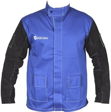 Taipan Abrasives WC-04658 Weldclass Promax FR Welding Jacket, Fire Retardant with Leather Sleeves, Blue, Large