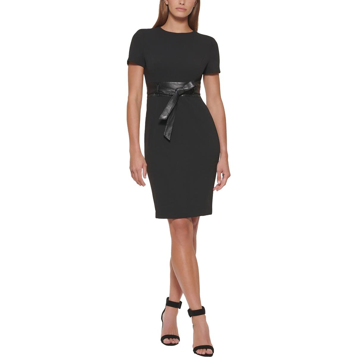 Calvin Klein Womens Short Sleeve Leather Waist Belt Mini Crepe Sheath Dress