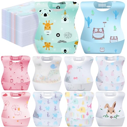 Floraltop 100 Pcs 100/200 Pcs Disposable Baby Bibs Bulk Travel Feeding Bib Soft Food Catcher Pocket for Toddlers Girls Boys