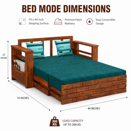 Image of Douceur Furnitures Solid Sheesham Wooden 2 Seater Sofa Cum Bed with Mattress & 2 Cushion and Side Pockets,Wood Foldable Convertible Sofa Diwan Cum Bed for Living Room and Bedroom,Natural Teak Finish