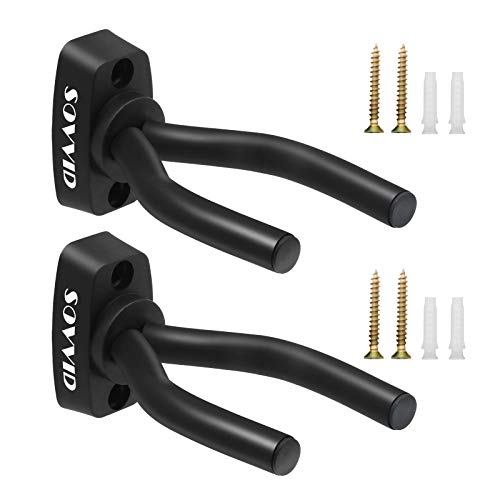 Guitar Wall Mount Hanger 2 Pack, Sovvid Guitar Hangers Hook Holder Stand for Electric Acoustic Guitars Ukulele Bass, Durable Black Wall Mount Bracket for Banjo, Volin, Mandolin or More