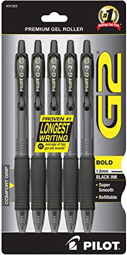 PILOT G2 Premium Refillable & Retractable Rolling Ball Gel Pens, Bold Point, Black Ink, 5-Pack (31303), Pack of 1
