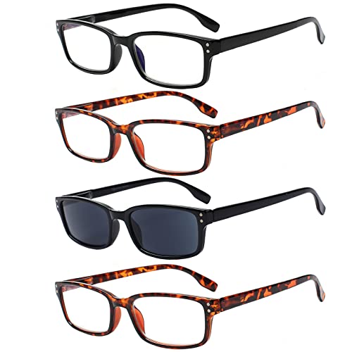 Image of Kerecsen 4 Pack Reading Glasses for Men and Women with Spring Hinges, Lightweight Black Rectangular Readers Eyeglasses (2Tortoise 1Black 1Gray Lens, 0.50)
