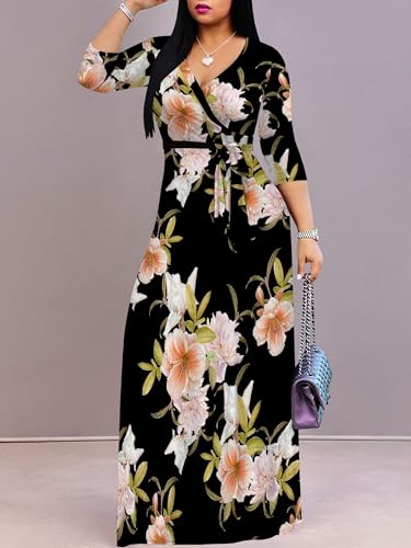 Image of SUZONANA Plus Size Dresses for Women Floral Print Maxi Dress Flowy 3 /4 Sleeve with Belt