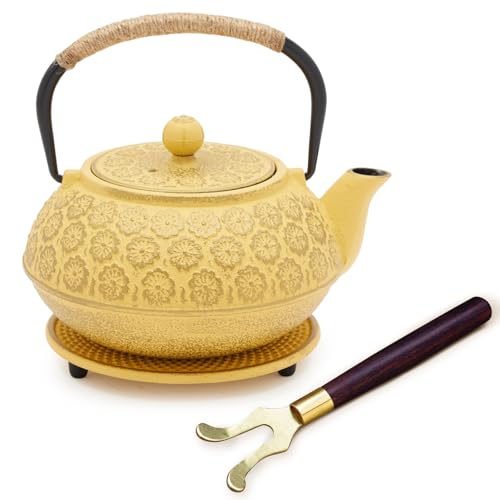 Juvale Japanese Cast Iron Teapot - Stainless-Steel Infuser & Loose Leaf Tea Pot - Superior Heat Retention Cast Iron Kettle - Elegant Floral Trivet For Home Tea Set - 800 ml, Yellow