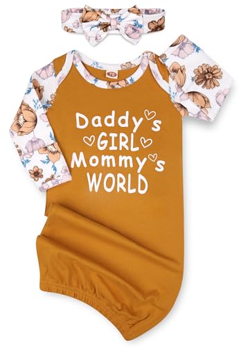 Image of Mikccer Newborn Baby Girl Gown 0-6 Months, Super Soft Newborn Sleepers Gown, Long Sleeve Infant Nightgown for Girls, Baby Girl Outfit Essential with Headband Set Orange Yellow