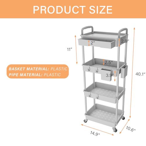 Image of 4 Tier Rolling Utility Cart with Drawer,REBECAT Utility Cart Made of Multifunctional Storage Organizer Tool for Kitchen,Bathroom,Living Room,Office(Gray)