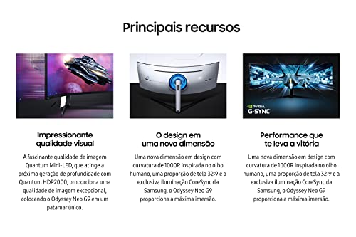 Samsung Odyssey Neo G9 49' - Monitor Gamer Curvo Mini LED, DQHD, 240Hz, 1ms, tela super ultrawide, HDMI, Display Port, USB, G-sync, Freesync Premium Pro, com ajuste de altura, Preto glide