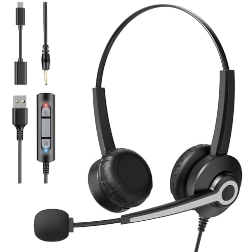 Voistek USB Auriculares con Micrófono, Ligeros de Tipo On-Ear con Cable de 200 cm, Micrófono con Cancelación de Ruido para PC, Portátil, Ordenador, Mac, Oficina, Skype, Teams, Zoom