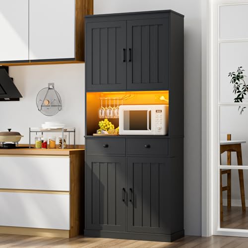 76 Kitchen Pantry Storage Cabinet with Microwave Stand Freestanding LED Kitchen Cabinet with Power Outlet Tall Storage Cabinet with Drawer Cupboard with Adjustable Shelves for Dining Room