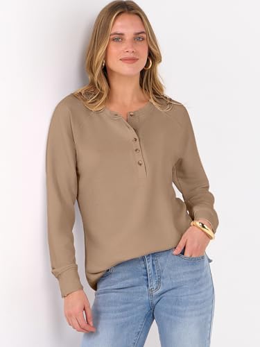 Image of ANRABESS Women's Waffle Knit Henley Top Long Sleeve Shirts