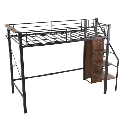 システムベット 階段 ロフトベッド シングル コンセント付き 収納付き ラック棚付き 耐荷重150kg 耐震 部屋二段ベッド スチール パイプベッド 北欧風 子供部屋 子供用 大人用 高さ171cm (ブラック)