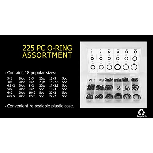 225 tlg. Set Dichtungsringe, O-Ring Sortiment, Dichtungen für Wasserhahn Sanitärwartung,18 Größen, Ø 3-22 mm