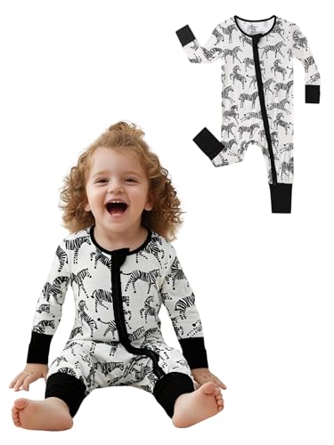 Image of Unisex Baby Bamboo Viscose Long Sleeve Romper, Cute Prints Zipper Footless Jumpsuit, Toddler One-Piece Outfits