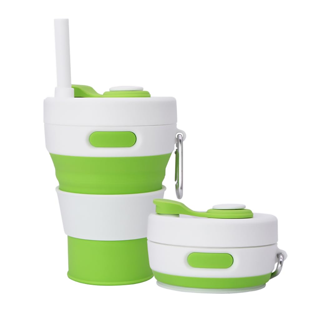UNNESTAR Collapsible Camping Cup with Straw Silicone Folding Coffee Cup Sport Bottle Portable Travel Outdoor Car 16oz 20oz (Light Green)