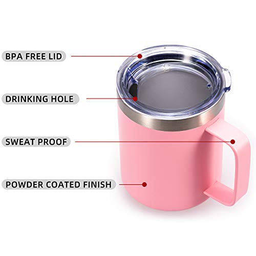 CIVAGO Stainless Steel Coffee Mug Cup with Handle, 12 oz Double Wall Vacuum Insulated Tumbler with Lid Travel Friendly (Pink, 1 Pack)