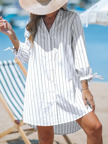 Image of CUPSHE Women Mini Summer Dress Cover Up Oversize Floral Shirt 3 /4 Sleeve Cuff Tie Button Down Beach Dresses Cover Up Top