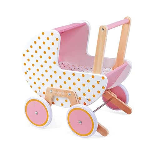 Janod - Carrozzina Candy Chic in Legno - con Cuscino e Copertina - Ruote Silenziose in Gomma - Sistema Antiribaltamento...