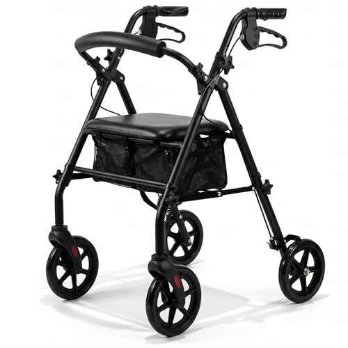Eazy Fold Lightweight Rollator Aluminium Folding Walker with Adjustable Handles 8 Inch Wheels Ergonomic Brakes Soft Seat and Storage Bag Indoor and Outdoor Mobility Aid for Elderly and Disabled