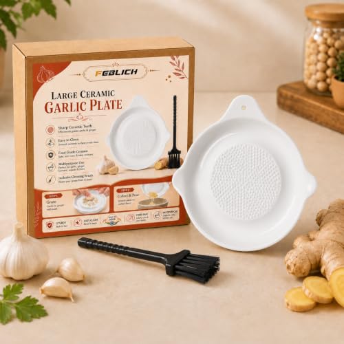Image of Ceramic Garlic Grater Plate with Brush Manual Crusher Grinder Tool for Ginger, Garlic, Turmeric, Nutmeg, Fruits & Vegetables Durable, Easy to Clean, Non-Slip Kitchen Utensil (Large)