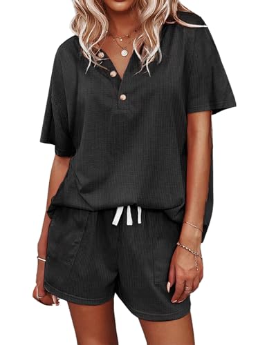 Image of Ekouaer Women's Waffle Knit Pajamas Set Short Sleeve Top with Shorts Matching Lounge Sets Loungewear Sweatsuit with Pockets