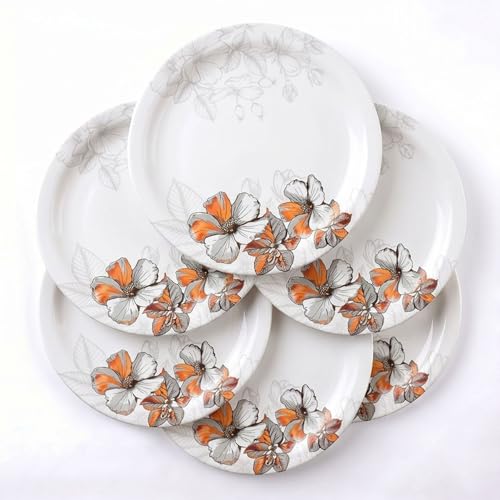 Image of Melamine Quarter Plates | Round Half Plate | Microwave Safe | Break Resistant | Plates for Snacks, Lunch, Dinner | Plates for home, Office, Restaurant | Set of 6 | 7 Inch's (Orange flower)