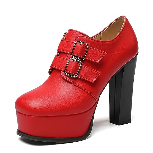SHEMEE Women's Super High Heel Platform Pumps Block Chunky Heels Ankle Booties Buckle Pull On Dress Shoes