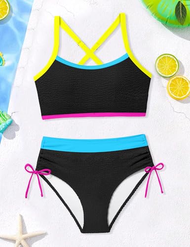 Image of Teen Girls Swimsuits V-Neck Bikini Set Bathing Suits Cross Straps Two Piece Swimwear with Drawstring