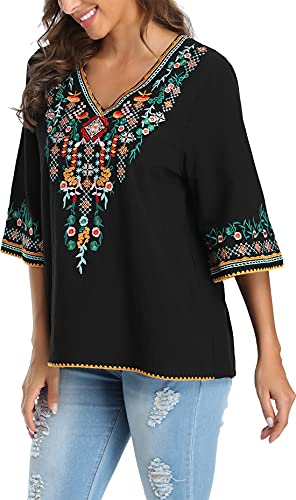YZXDORWJ Women's V Neck Embroidered Mexican Peasant Blouse2