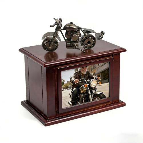 Motorcycle Urn for Ashes Adult Male Female Wooden Cool Urn Human Ashes Man Women Up to 290 LbsMemorial Urns Large Box Holds 7 x 6 Inch Photo
