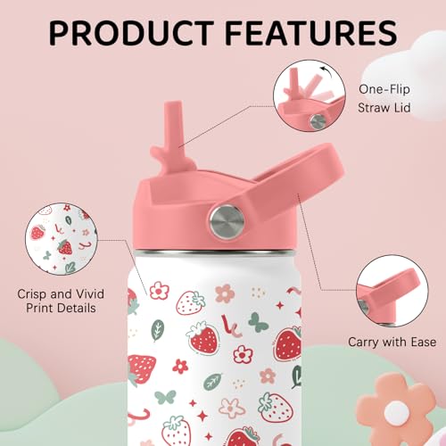 Image of Strawberry Water Bottle, Stainless Steel Insulated Tumbler with Straw Lid and Handle, 12oz Reusable Leak-proof Bottle for Sports