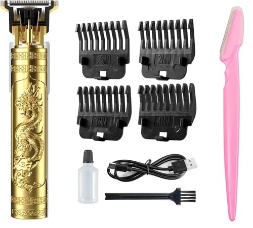 Image of New T-9 2025 Trimmer Men Professional Cordless Hair Clipper Dragon And Buddha Style, Rechargeable Trimmer For Beard, Hairs, Moustache & Face, Electric T Blade Zero Gapped Shaving Machine (Gold) With Women Reusable Face Razor