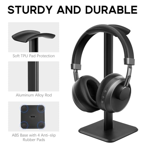 JIKIOU Headphone Stand Gaming Headset Holder Universal Aluminum Metal Headphones Holder Hanger with Aluminum Supporting Bar Flexible Headrest ABS Solid Base for All Headphone 2 Pack (Black) - Image 3