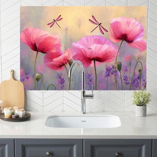 Image of Pink Poppy Dragonfly Backsplash Peel and Stick, 35.4x23.6 in